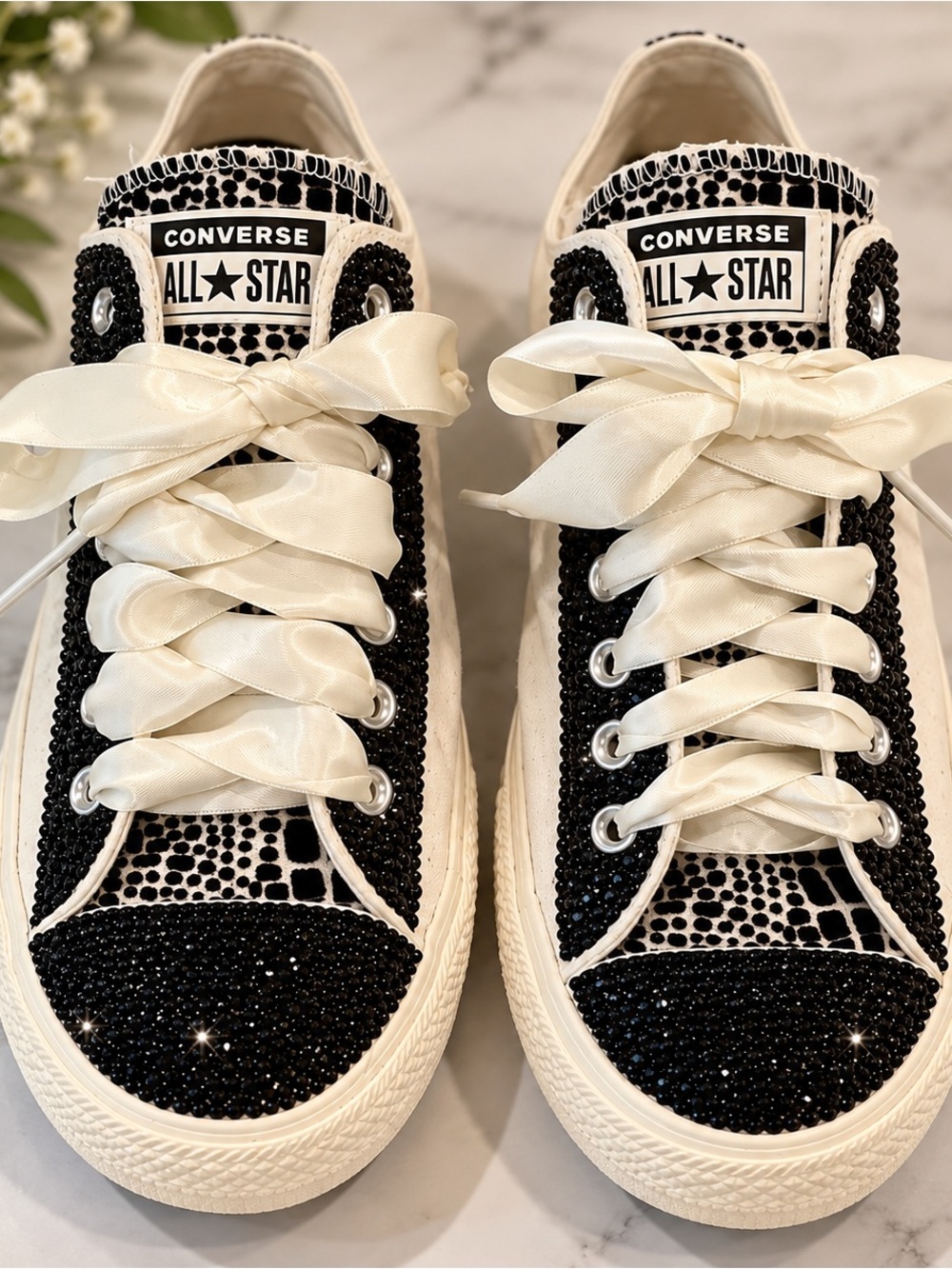 Converse Women's Black & Ivory Blinged Low Top Sneakers